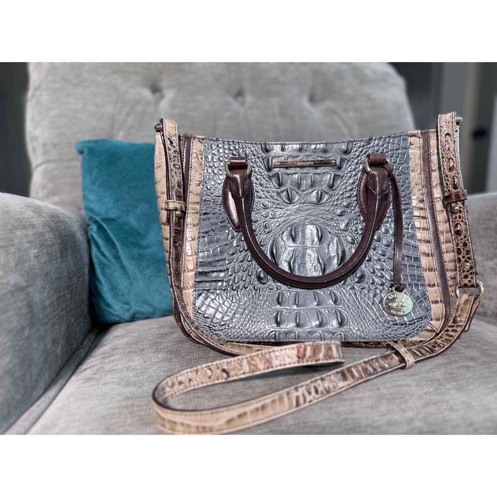 Brahmin Croc Embossed Leather Satchel Handbag Grey Tan Brown Crossbody Bag
